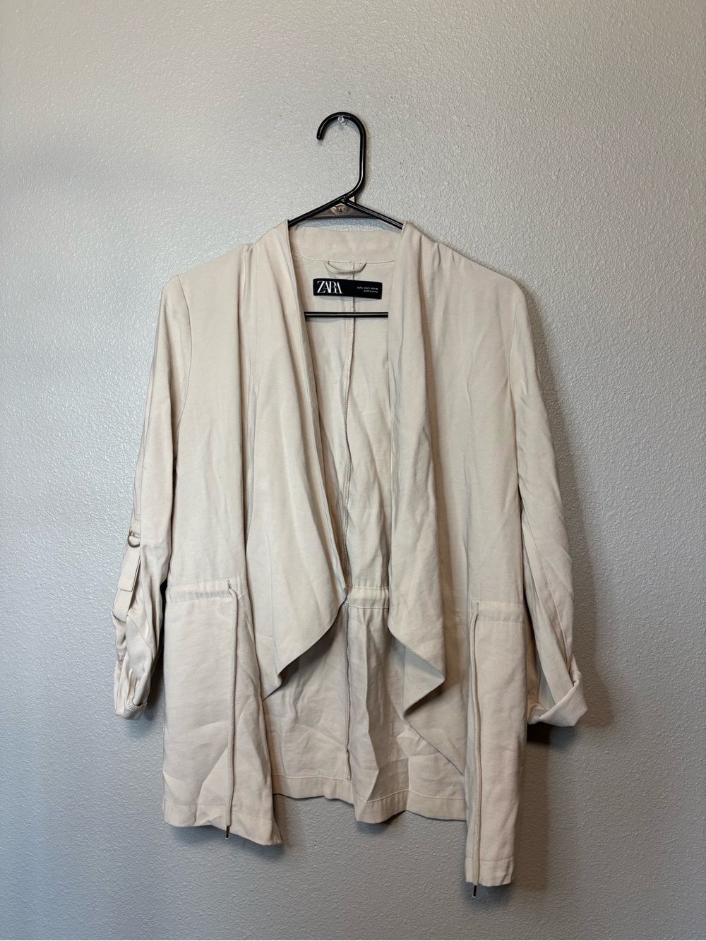 Zara Cream Waterfall Drape Open Front Jacket Drawstring Waist Small